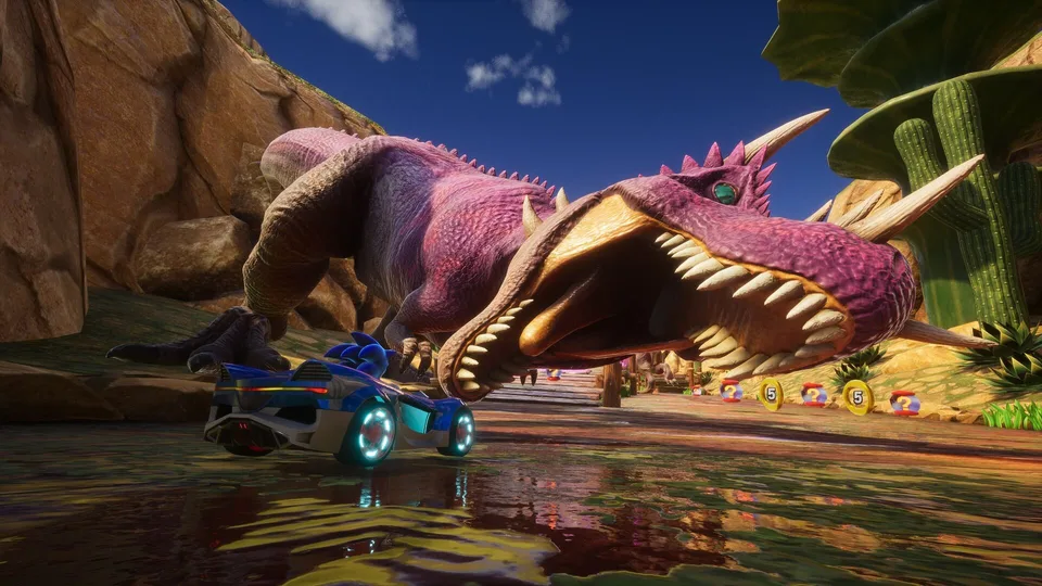 Sonic Racing: CrossWorlds race in progress on a dinosaur-themed course